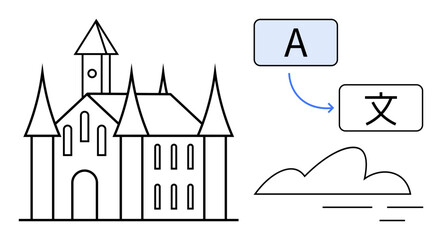 Gothic castle structure with arrow connecting language text boxes representing translation. Ideal for multilingualism, language learning, global communication, culture, technology, education, simple