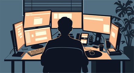 Silhouette of person at desk with multiple computer monitors, silhouette, person, man, woman, desk, table, computer, monitor, screen, multiple, workstation, office, dark, room, blinds, window, plant, 