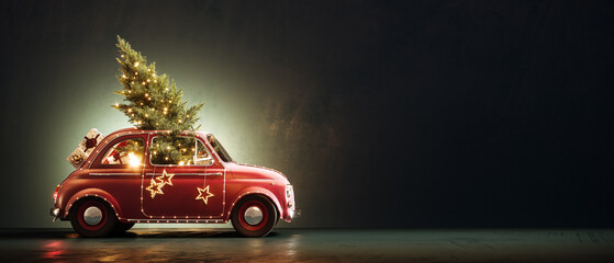 Old red car with Christmas tree and Christmas presents on dark green background. Christmas greeting card design with copy space. 3D Rendering, 3D Illustration