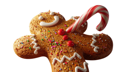 Gingerbread Man Holding Candy Cane, Angled Side View, Isolated on Transparent Background.