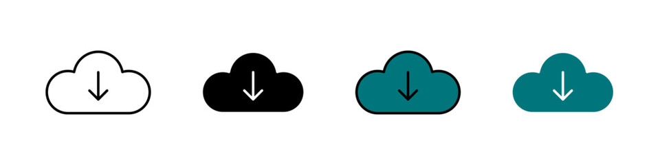 Cloud down icon in outline, solid, and color styles. Represents cloud storage, downloading, data transfer, and internet. Perfect for tech and digital themes, isolated on white.