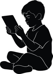 Silhouette of boy sitting and using tablet child, silhouette, boy, child, kid, sitting, cross-legged, holding, tablet, digital, device, screen, technology, learning, education, playing, entertainment,