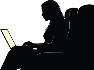 Silhouette of woman on sofa using laptop with yellow screen, silhouette, woman, sofa, couch, armchair, sitting, relaxing, using, laptop, computer, technology, internet, online, entertainment, work, st