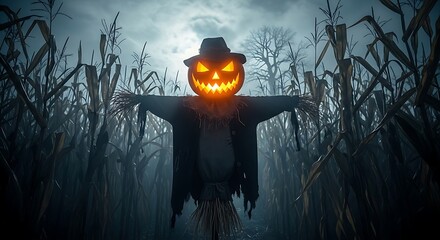 Spooky Halloween Scarecrow with Glowing Pumpkin Head in Cornfield