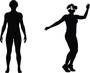 Silhouettes of two people one in VR headset virtual reality, virtual reality, vr, headset, goggles, technology, person, silhouette, black and white, isolated, white background, standing, active, motio