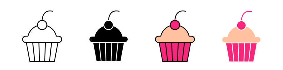 Cupcake icon in outline, solid, and color styles. Represents dessert, sweetness, bakery, and celebration. Perfect for food, party, or themes, isolated on white.
