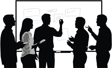 Team brainstorming session at a whiteboard with drawings, team, brainstorming, meeting, silhouette, whiteboard, drawings, sketches, ideas, collaboration, discussion, presentation, learning, teaching, 