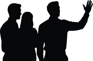 Three people silhouetted, one waving group, people, silhouette, group, three, waving, hand, greeting, man, woman, standing, together, isolated, white background, communication, interaction, welcome