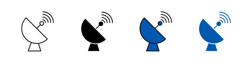 Dish antenna icon in outline, solid, and color styles. Represents communication, satellite, broadcasting, and signal transmission. Perfect for telecom themes, isolated on white.