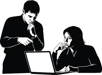 Two people looking at a laptop screen woman male, people, man, woman, male, female, looking, watching, laptop, computer, screen, discussion, collaboration, teamwork, work, office, technology, digital,
