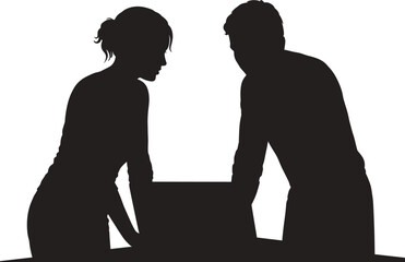 Two people silhouetted looking at laptop on white woman, people, silhouette, man, woman, male, female, two, couple, team, collaboration, working, looking, laptop, computer, screen, table, desk, office