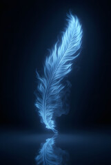 digital art photography of a phoenix feather floating and its reflection, see through feather, detailed feather, glowing light, fire burning around feather, dark background, intricate detailed