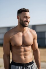 Obraz premium Fit young caucasian male smiling outdoors on a sunny day