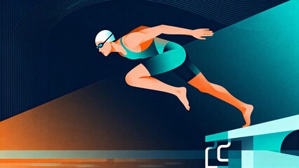 Swimmer diving from starting block