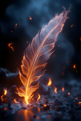 digital art photography of a phoenix feather floating and its reflection, see through feather, detailed feather, glowing light, fire burning around feather, dark background, intricate detailed