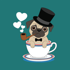 Pug dog wearing a top hat and bowtie in a teacup puppy canine