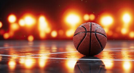 Close Up Of A Wet Basketball On A Court With Blurry Lights