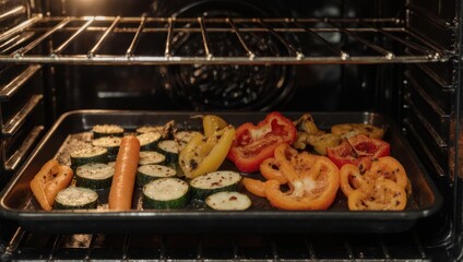Assorted fresh vegetables roasting on a baking sheet inside a hot oven.