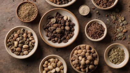 Assortment of Dried Legumes and Seeds in Small Bowls.