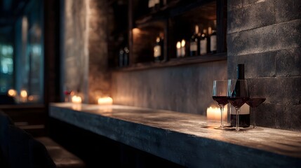 Dimly lit wine bar interior with red wine glasses and candles creating a romantic and sophisticated ambiance