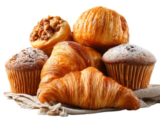 fresh autumn pastries, croissants and muffins, isolated on white background, clean product photo, soft natural lighting