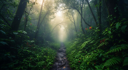 A misty path winding through a dense forest with lush green foliage and bright sunlight ahead ai generated