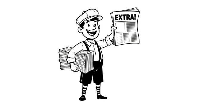 Cartoon illustration of a newsboy shouting extra while holding newspapers on white background