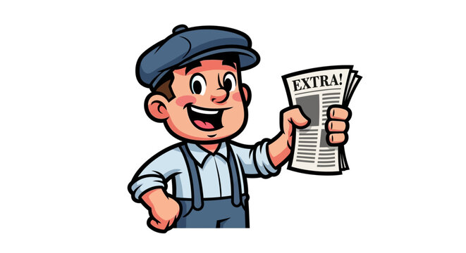 Cartoon Illustration of a Cheerful Newsboy Holding Newspaper Announcing Extra News