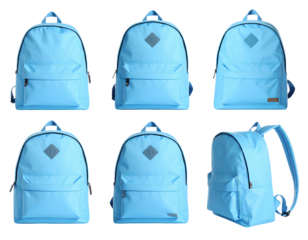 Six light-blue backpacks, various angles