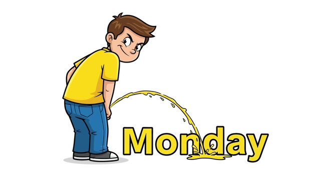 Humorous depiction of dreading monday with a cartoon man and a urine stream