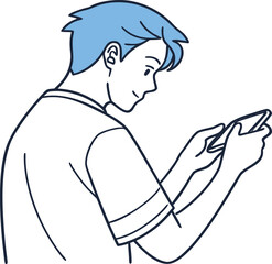 Line Art Illustration of Young Man Focused on Mobile Phone or Gaming Device