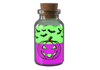 Spooky Halloween Potion Bottle with Jack-o'-Lantern, Bats, and Glowing Brew