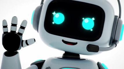 Friendly robot with glowing eyes and headset waving, representing artificial intelligence and customer service