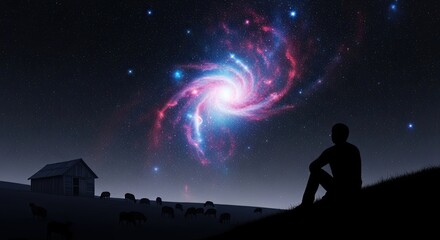 Obraz premium Person gazing at a breathtaking spiral galaxy in the night sky above a farm