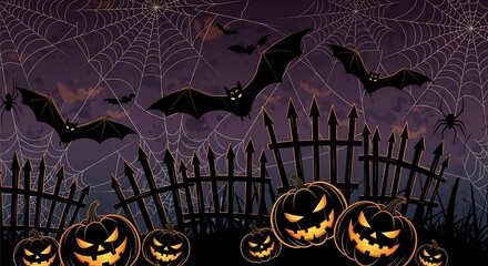Spooky Halloween Scene: Bats, Pumpkins, Spiders, and Webs.