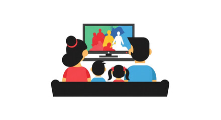 A family of four watches television together, enjoying a colorful program displayed on the screen while relaxing on a comfortable couch in a modern setting.
