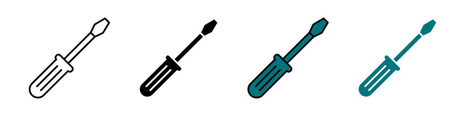 Screwdriver icon in outline, solid, and color styles. Symbol of repair, tools, fixing, and construction work. Isolated on white background.