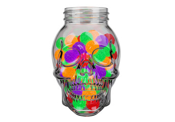 Colorful Candy Skull Jar: Bright Treats in Spooky Glass Container, Perfect for Halloween Fun and Party Decorations, Isolated on White.