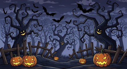 Spooky Halloween Scene: Pumpkins, Bats, and Haunted Forest