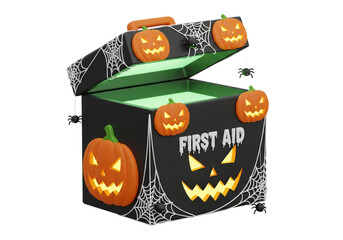 Spooky Halloween First Aid Storage Box with Jack-o'-Lanterns, Spiderwebs & Green Glow, Isolated on White