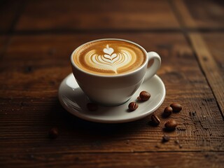 cup of coffee on wooden table with coco bean 
