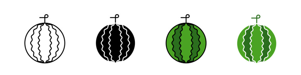 Watermelon icon in outline, solid, and color styles. Represents fruit, freshness, summer, and healthy food themes. Isolated on white background.
