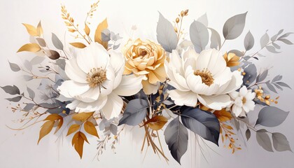 Elegant Floral Arrangement with White Magnolias and Golden Rose on Light Background