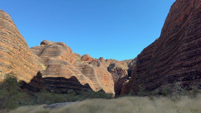 The Purnululu National Park, World Heritage Site in the kimberley region of Western Australia, a popular travel destination famous for its layered rock formations, of the Bungle Bungle Range.
