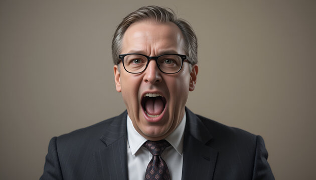 Shocked businessman with wide open mouth expresses disbelief and frustration, impactful visual for finance or business