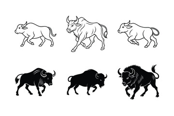 Buffalo Silhouette Vector Bundle – Standing, Grazing, Herd, Head, Fighting & Wildlife Illustrations