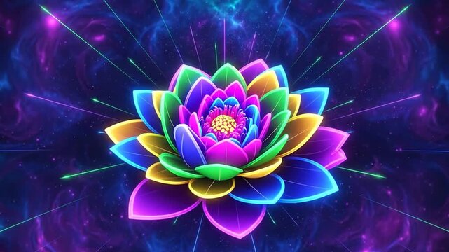 Vibrant neon lotus mandala rotates with cosmic rays, hypnotic patterns for meditation