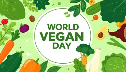 Illustration celebrating World Vegan Day with bold green text, global map, and vibrant fruits and vegetables—promoting plant-based living and global awareness.
