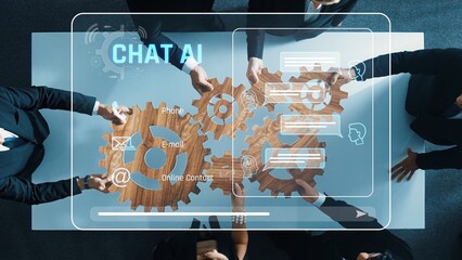 A dynamic business team working together on chat AI solutions displayed through gear elements and digital interfaces in a sleek office setting. Raster