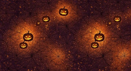 Spooky Halloween Scene with Glowing Jack-o'-Lanterns and Spiderwebs on Orange Background